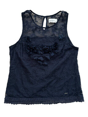 Abercrombie & Fitch Blue Sleeveless Knit Blouse Sheer Floral Applique Lace Top M